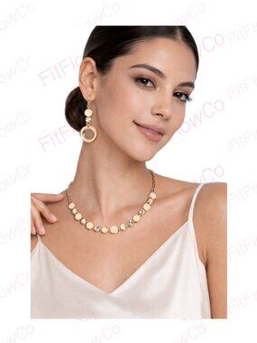 Vintage Gold Tone Ivory Enamel Necklace & Drop Earrings Set + Gift Box